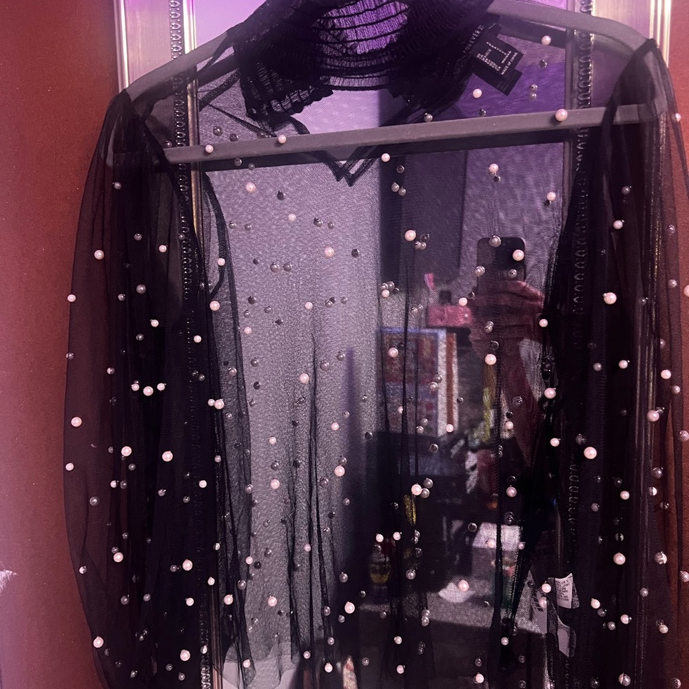 Forever 21 Black Sheer Top with Pearl Details